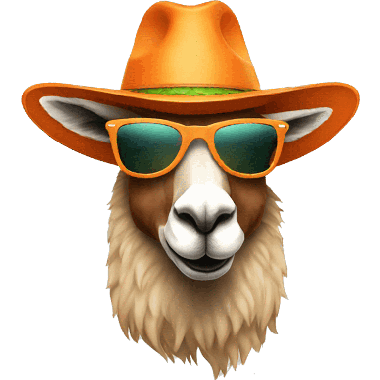 a cool llama wearing a orange hat and rayban shades emoji