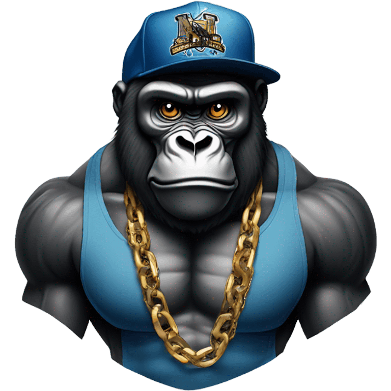 Gorilla head wearing a chain chest muscles and weearing a nyc fitted cap emoji