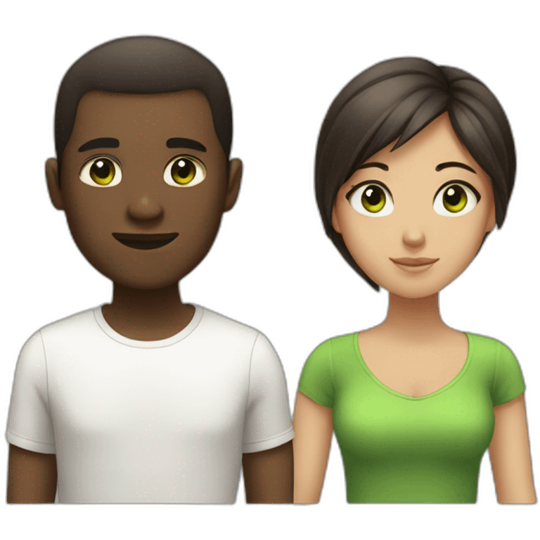 African man with short hair and asian girl with brown long hair and green eyes emoji