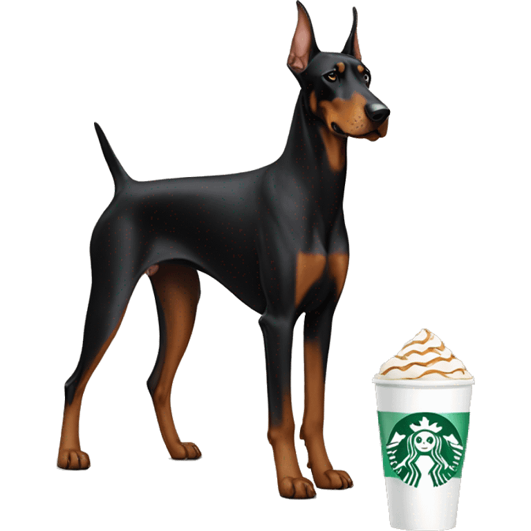 Doberman dog with Starbucks emoji