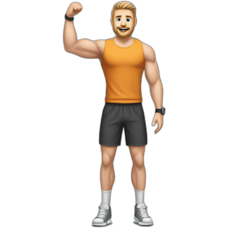 Full height Actively gesturing with hands Pale skinned Fit Man With the biceps and brown hair in dark gray Sleeveless Mike, black oversize sports shorts, watch and white Sneakers emoji