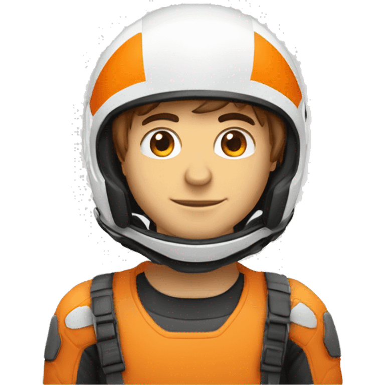 Un jeune homme avec un air énervéau teint humain portant un casque de moto de couleur orange et blanc avec la vitre ouverte emoji