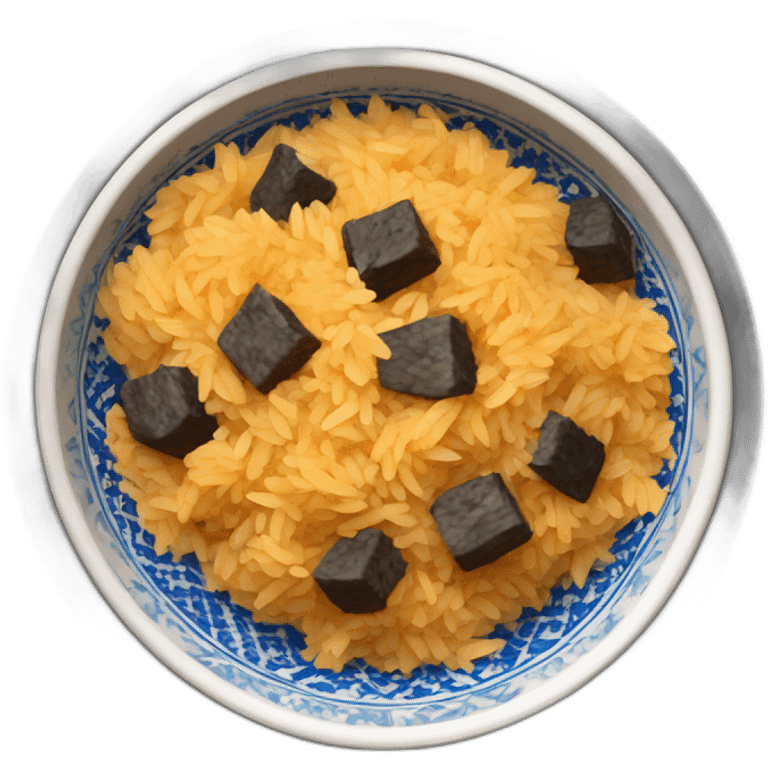 a bowl of Uzbek pilaf with black pieces of meat emoji