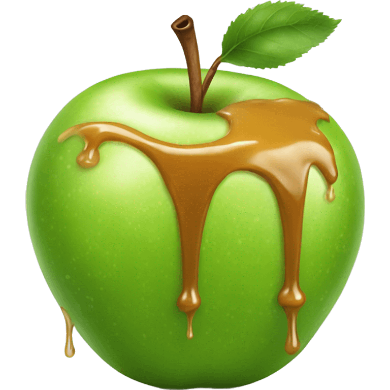 Realistic green apple with caramel drizzled on top and dripping down. emoji