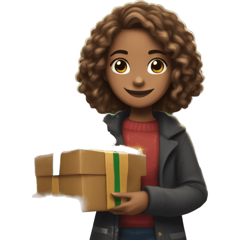 Hermione Granger holding a stack of Christmas presents, with a warm, festive smile, standing in front of a twinkling Christmas tree emoji