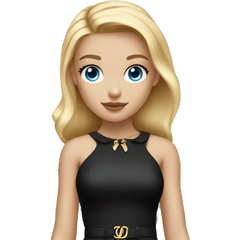 Blonde girl bright blue eyes with Louis Vuitton monogram purse in short black dress emoji