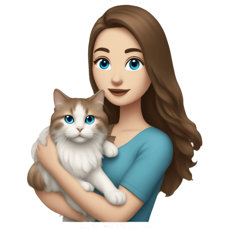 woman with long brown hair and holding a all white Siberian cat with blue eyes emoji