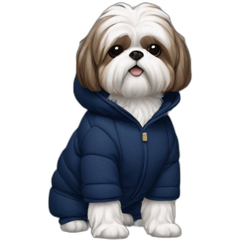 White and brown Shih tzu in navy blue puffer coat emoji