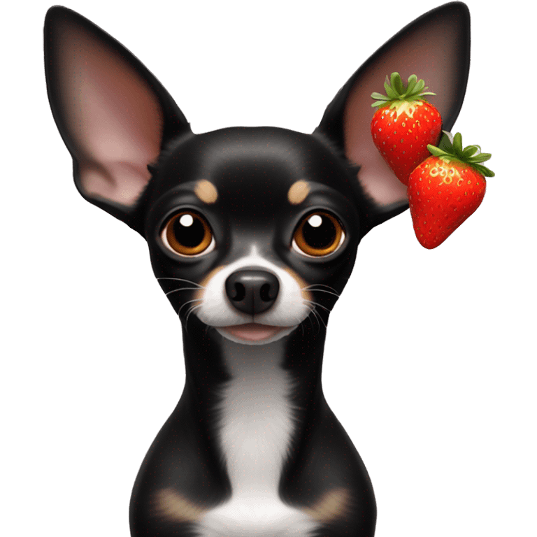 Long black chihuahua with a white mouh and dash under ears and a strawberry in its mouth emoji