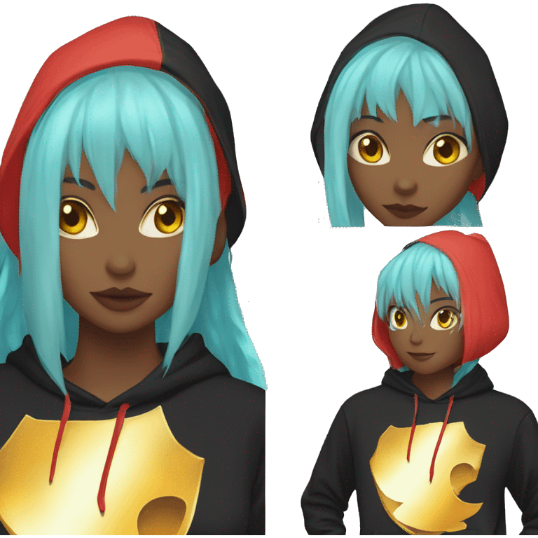 Lady with brunette and iridescent blue hair, gold, lime green dragon wings, black hoodie, bleach dyed, black and gold Nike t shirt, and bright red eyes emoji