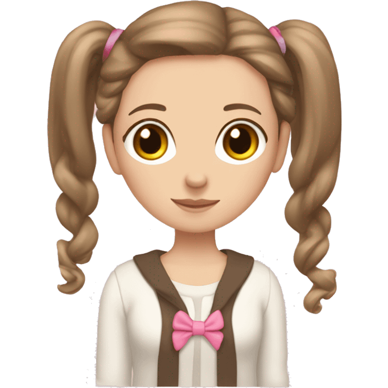 white girl, cardigan white, long straight brown hair, pink ribbon in cardigan  emoji