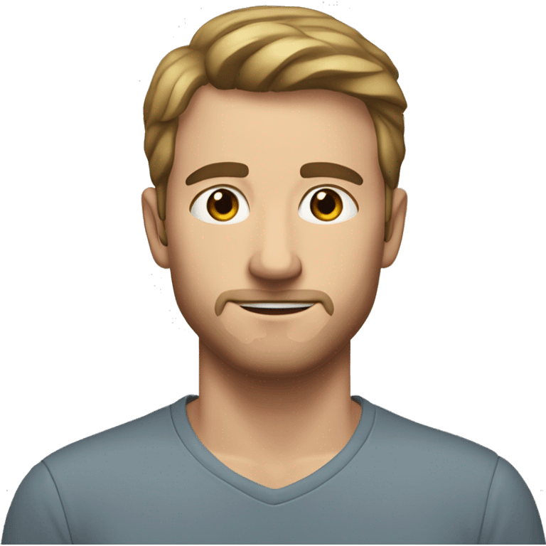 A young adult white man with a spot on his forehead. Brown eyes, medium-small hair, small mustache and beard emoji