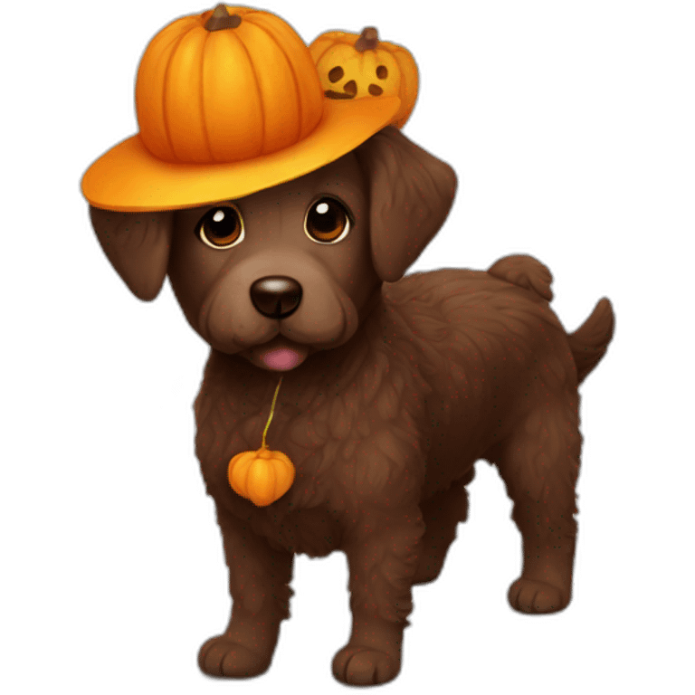 A chocolate doodle dog with a jack on lantern on its head emoji