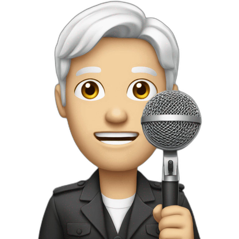 journalist white skin standing confidently while holding a microphone. The journalist should be in professional attire emoji