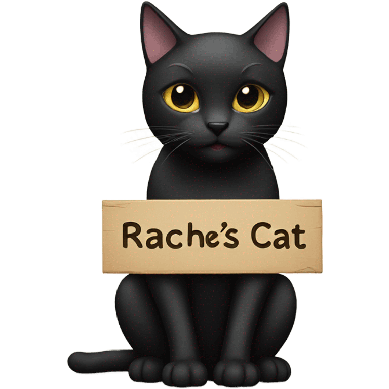 Black cat with a sign that says “Rachel’s Cat” emoji