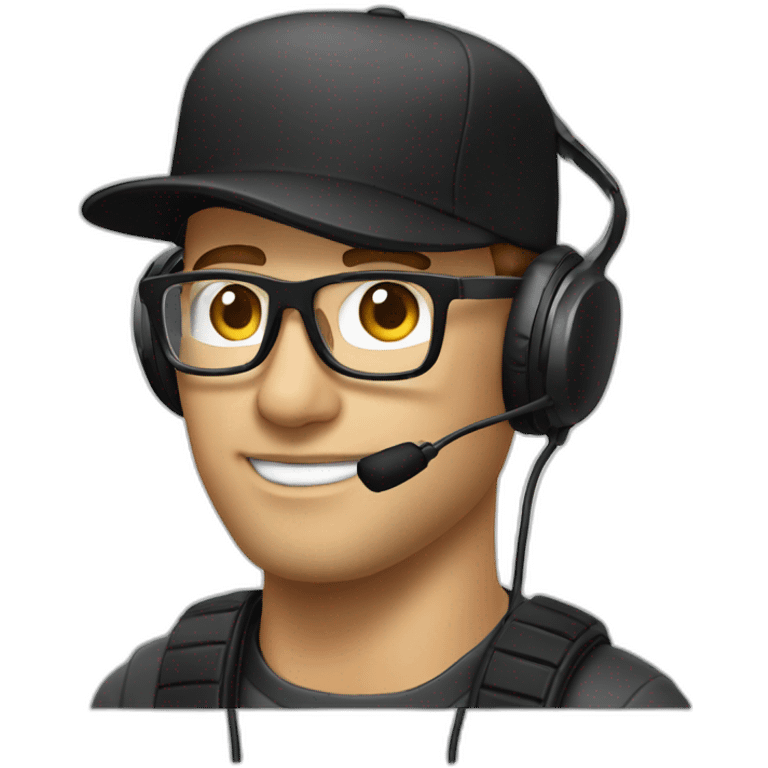 light scruff white man in a backwards baseball black hat and rectangle glasses wearing headphones with microphone - brown hair emoji