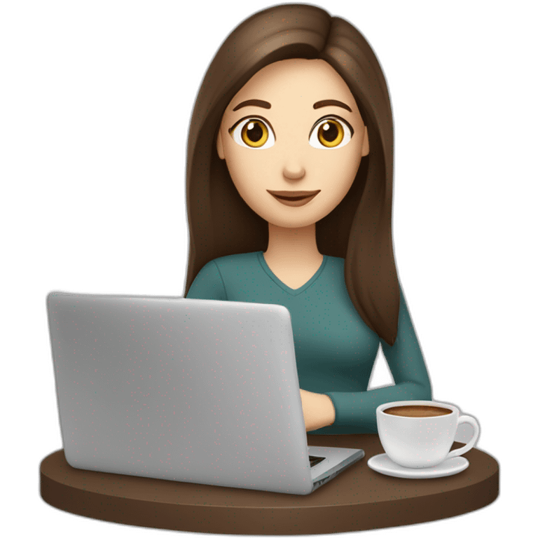 woman with long straight brown hair and pale skin holding a coffee mug on top of a laptop screen emoji