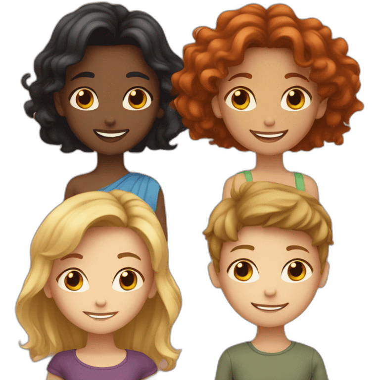 family; a red long haired girl with black girl with blonde long haired girl with short brown haired boy and brown haired girl emoji