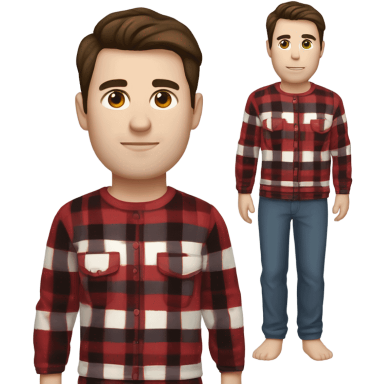 Man with straight brown hair and brown eyes wearing red and black buffalo plaid pjs. White skin. Full body. emoji