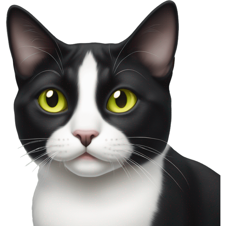 Cute black and white tuxedo cat with yellow green eyes and a chin spot emoji