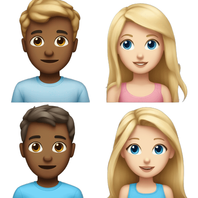 a boy with light brown hair blue eyes and a piggy nose with a blonde blue eyed girl with three cats  emoji