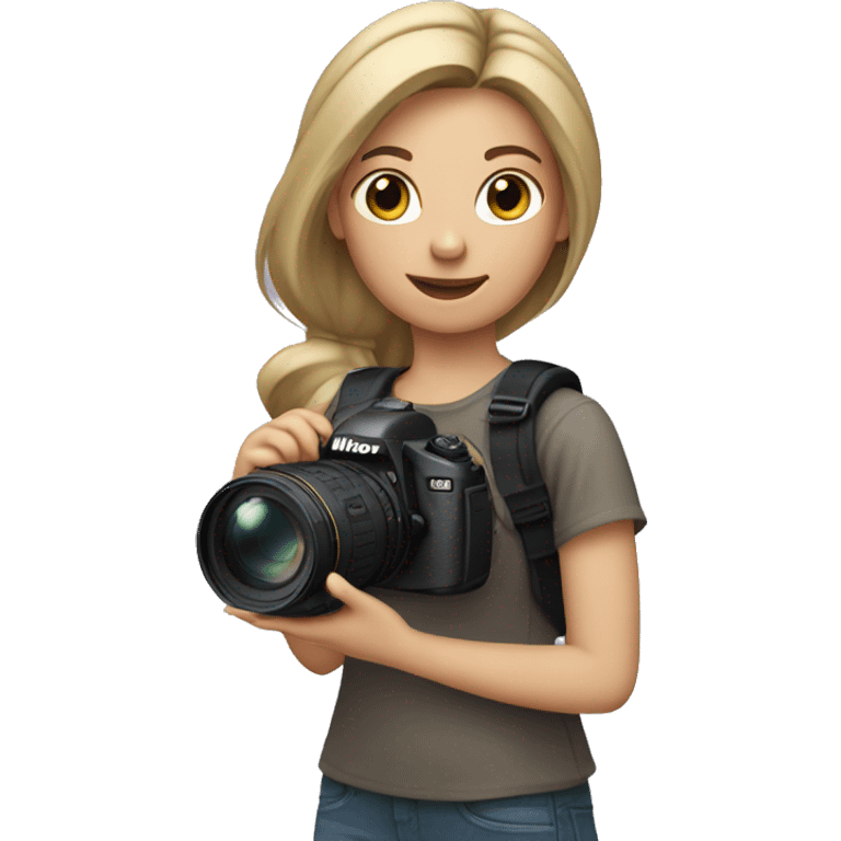 Girl with dark blonde loose ponytail Holding a Nikon Camera in her hands emoji