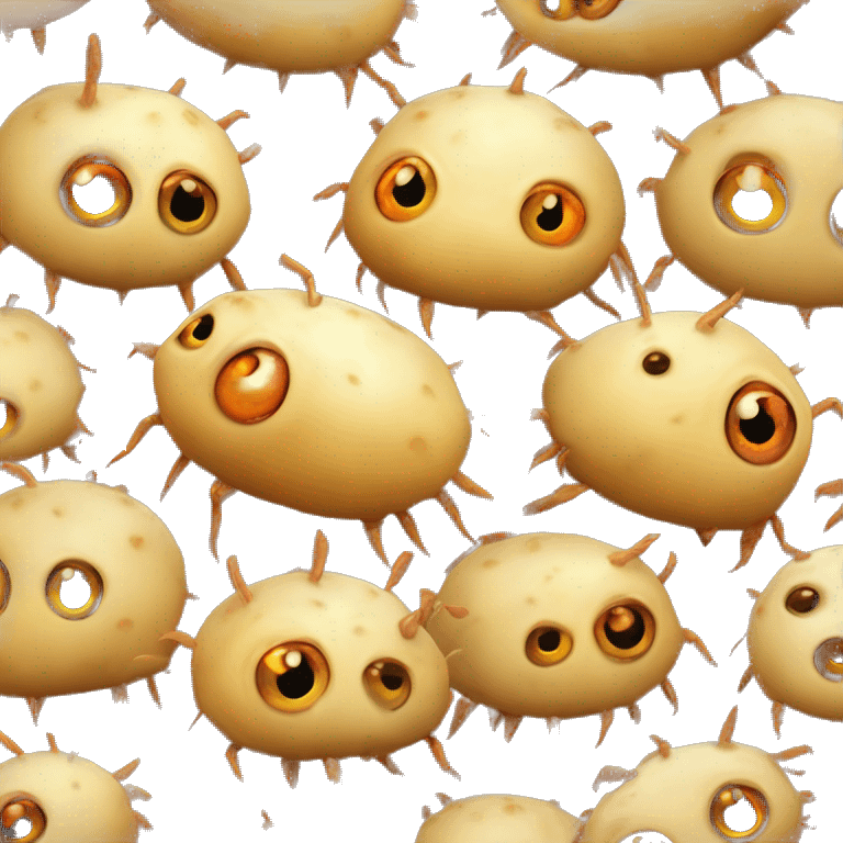 small, bug-like creatures with plump bodies that look like potatoes. They have glossy, wrinkled beige skin, a single large glowing orange-yellow eyeball, and four spike-like legs, which allow them to jump and cling to small objects or nets. emoji