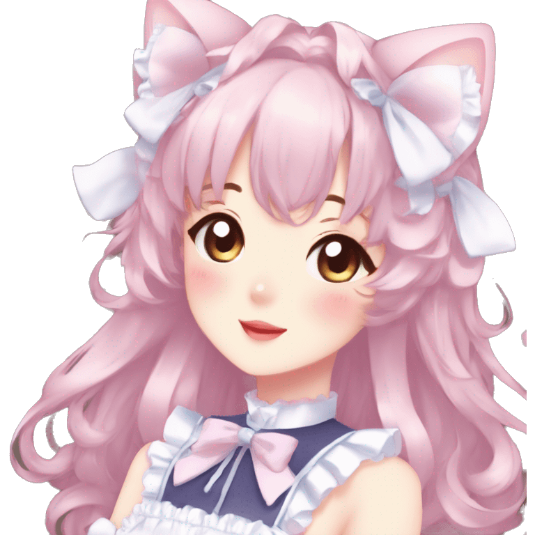 Gorgeous anime style catgirl blushing face maid outfit Lolita idol model colorful shiny sparkle kawaii pastelcore cottagecore pearly petite simplistic aesthetic trending style emoji