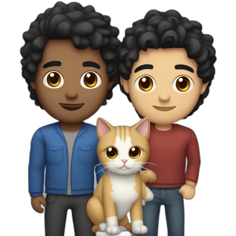 Gay couple, 1 guy Latino black straight black hair and 1 Australian white guy with blonde slightly curly hair holding a cat emoji