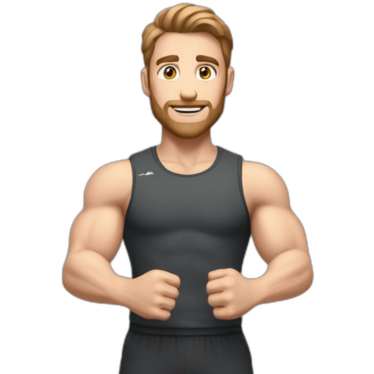 Close up Actively gesturing  with hands Pale skinned Fit Man With the biceps and brown hair in dark gray Sleeveless Mike, black oversize sports shorts, watch and white Sneakers emoji