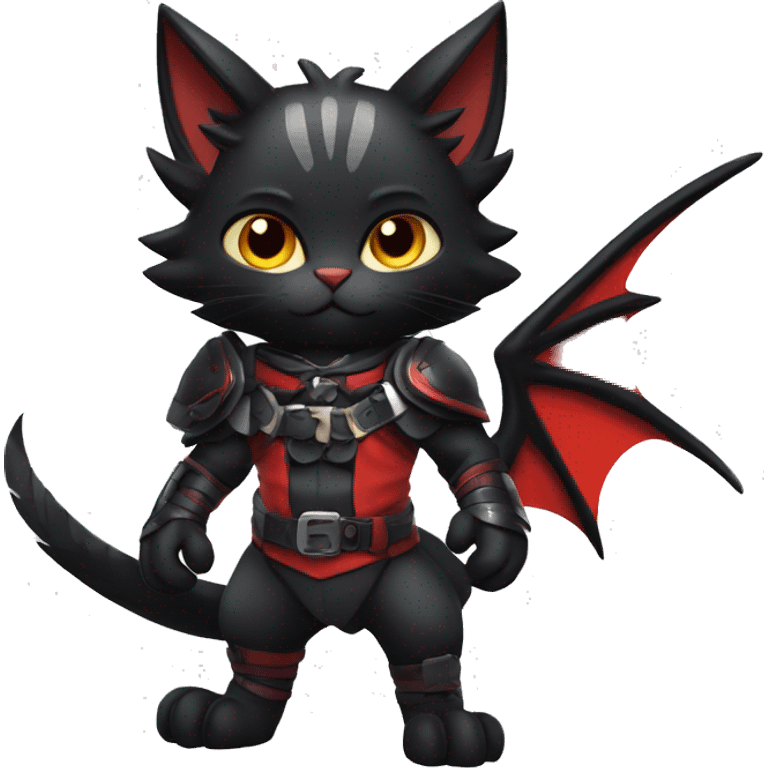 Cool Edgy Warrior Litten-Nargacuga-Cat with black bat-wing-ears with a red harness full body emoji