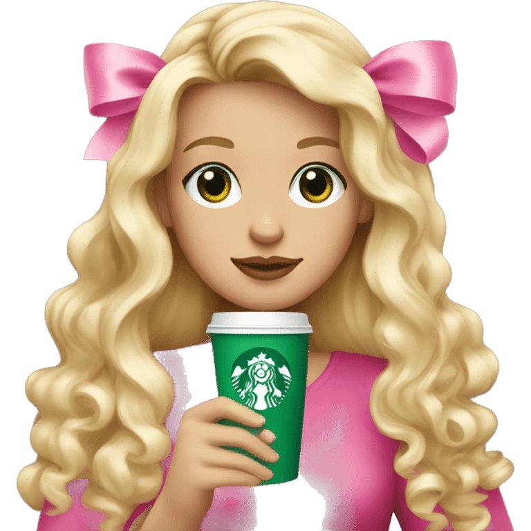 blonde with green eyes drinking pink starbucks wearing a pink bow in long wavy blonde hair emoji