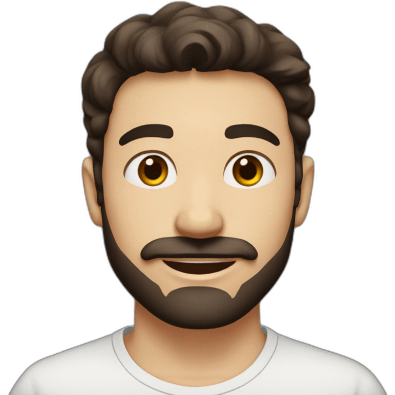 A young Caucasian man with dark brown, almond-shaped eyes, dark brown hair, and a small dark brown beard with a more prominent mustache. emoji