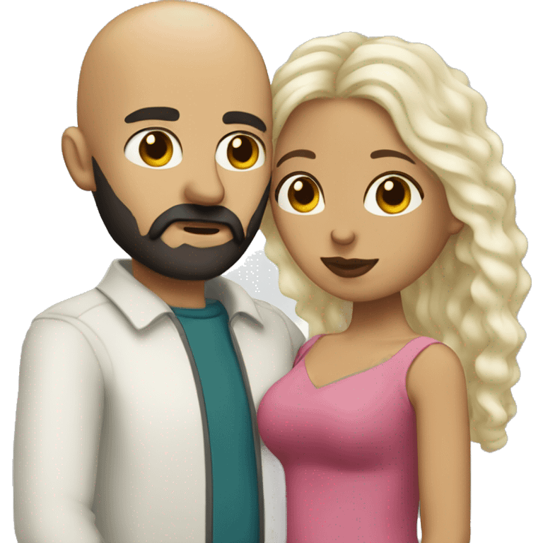 White (bald man) with (dark beard) kissing short (Mexican woman) with (long dark wavy hair) emoji