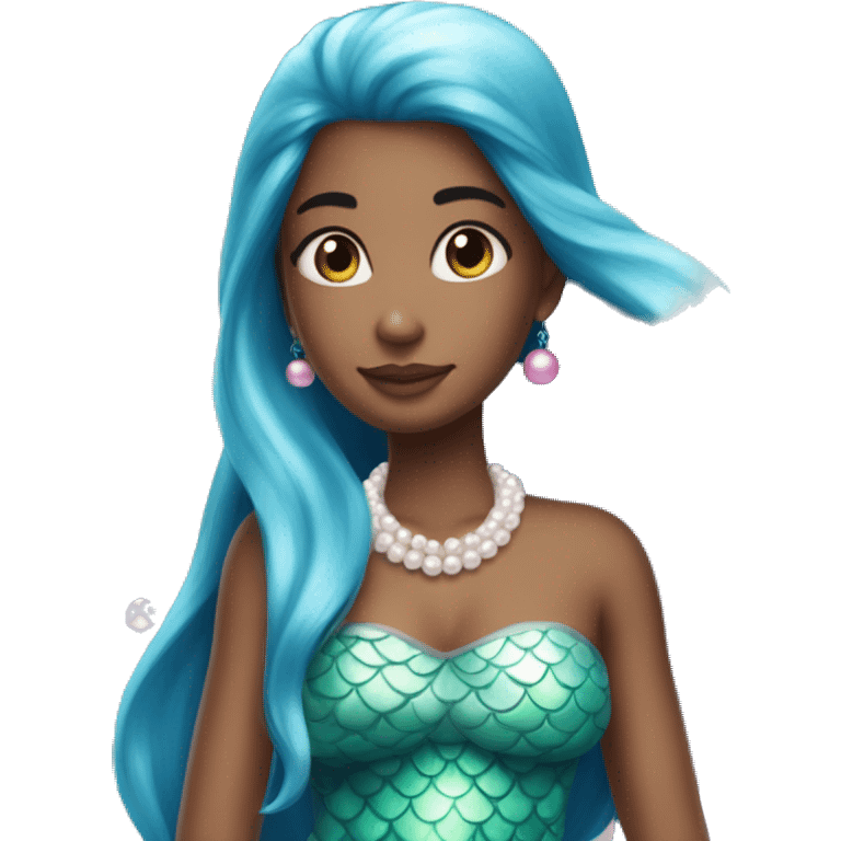 Girl with blue straight hair And pearls on the hair and she has magical beautiful mermaid tail a pink one emoji