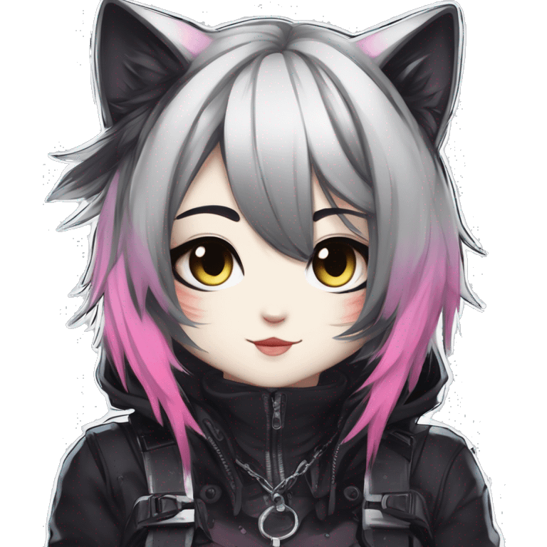 Gorgeous edgy epic punk magical gradient gothic dark techwear anime style anthro cat with blushing face aesthetic and pretty edgy black with collar and harness trending style emoji