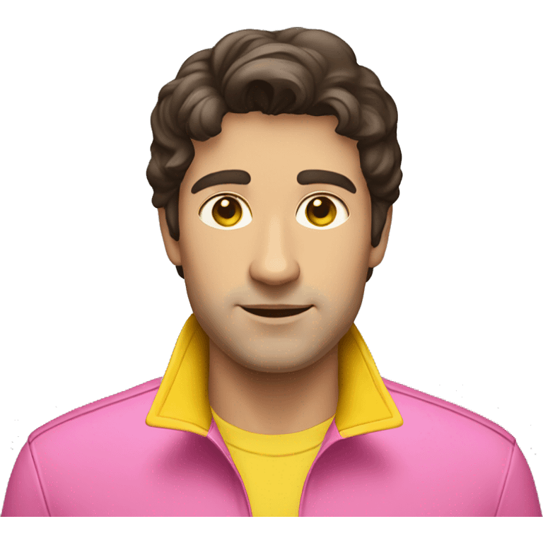 dark brown haired adult man wearing pink polo and yellow raincoat emoji