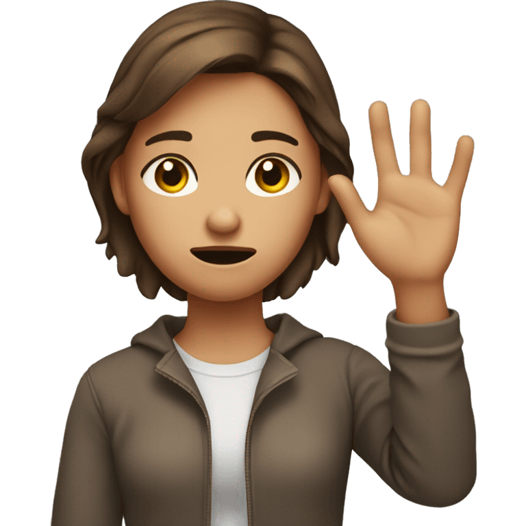 Annoyed brown haired girl with her hand up emoji