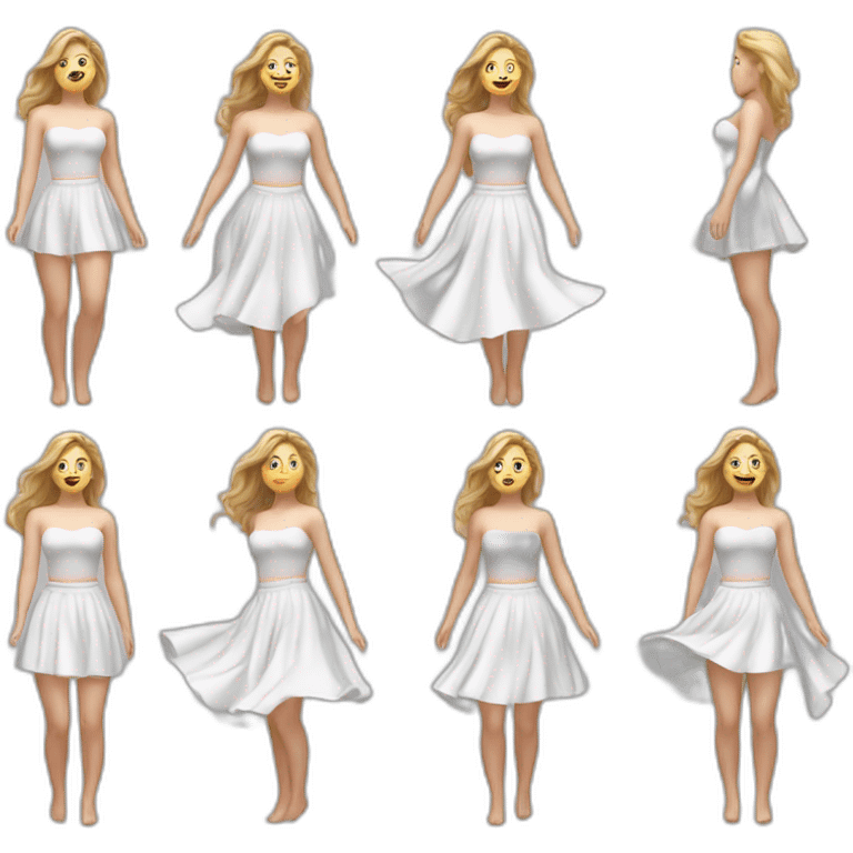 Hyperrealistic Full body Caucasian curvy beauty jumping white skirt back and front views strong wind emoji