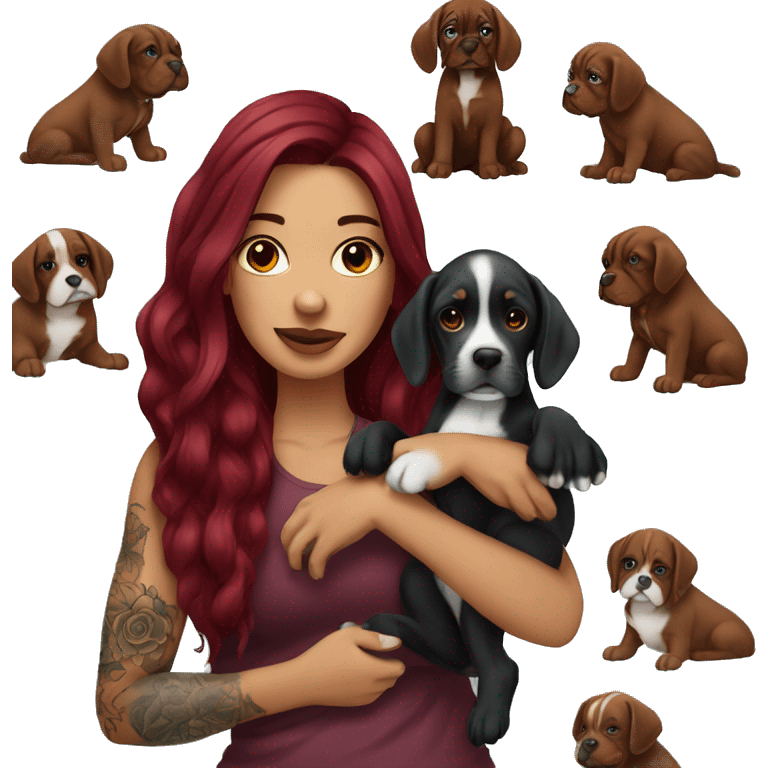 Beautiful tattooed  burgundy long haired woman holding a boxer puppy emoji