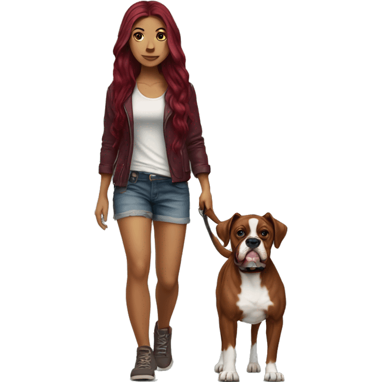 Beautiful tattooed  burgundy long haired woman walking a boxer dog emoji