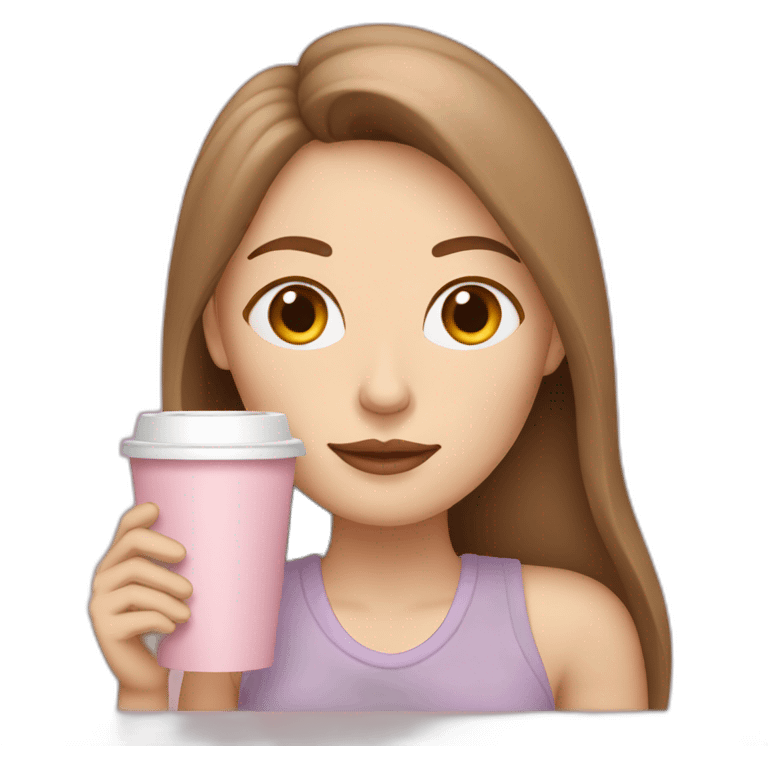 woman with pale skin and middle brown long thin hair sipping coffee sleeping from a light pink takeaway cup emoji