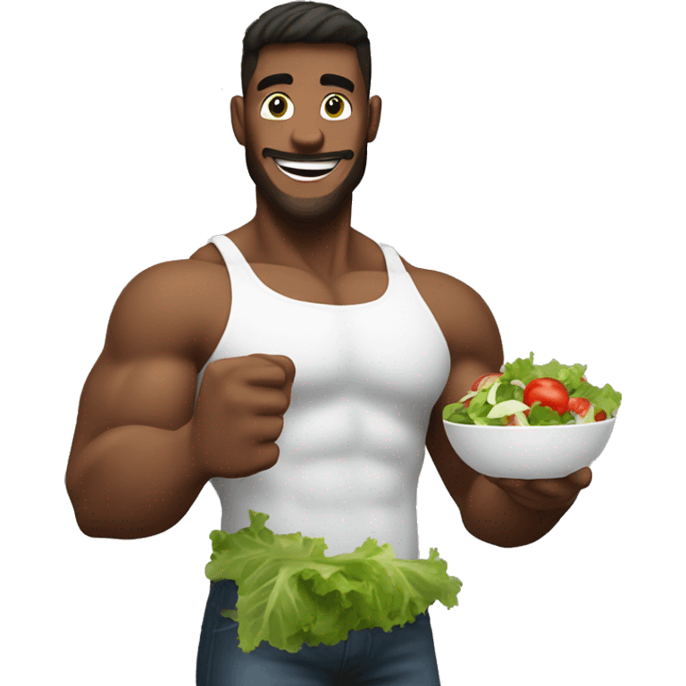 muscular guy enjoying salad one hand emoji