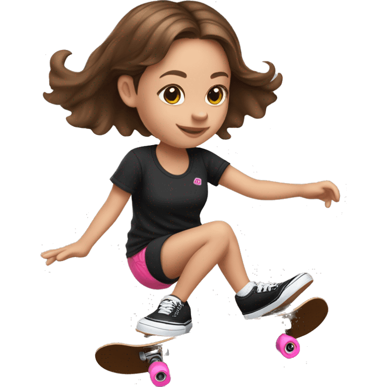 little girl with brown hair, pink shirt from VANS and black shorts skateboarding on skatepark emoji