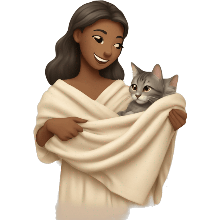 pretty woman petting cat in beige blanket emoji