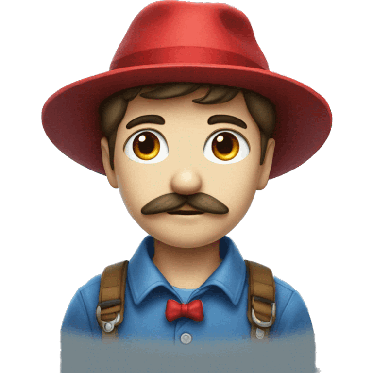 boy with a mutache and a red hat "m" is writing on the hat there is blue eyes and a big circle nose emoji