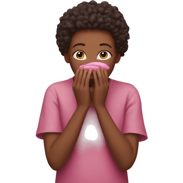 face with hand over mouth and pink love surrounding emoji