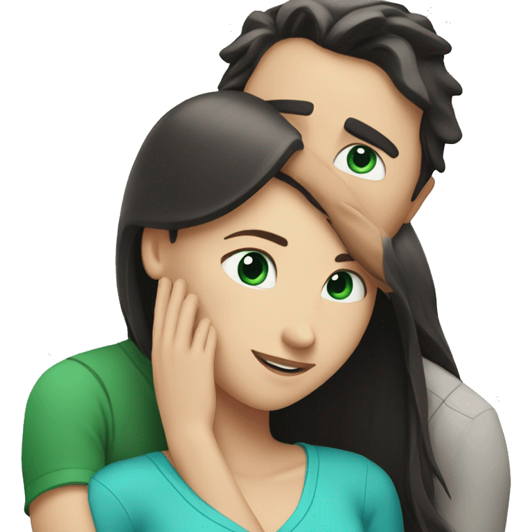 White man with blue eyes and BROWN hair hugging white woman with long straight black hair and green eyes emoji