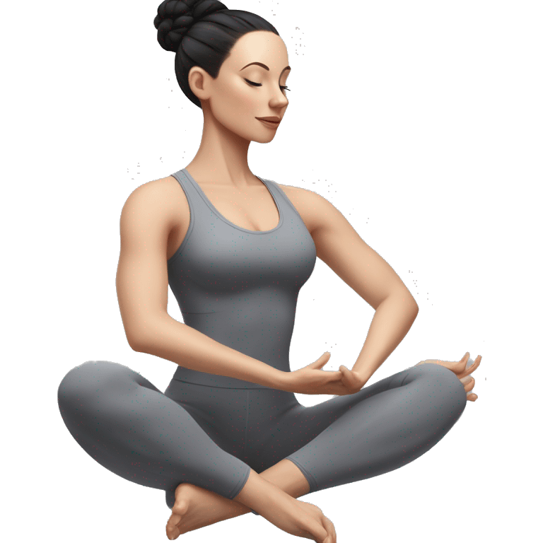 Pale skinned fit woman In a gray tight yoga suit and wristbands With black hair in a bun doing yoga emoji