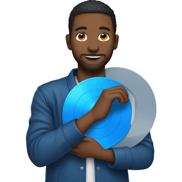 A man holding a blue vinyl record emoji